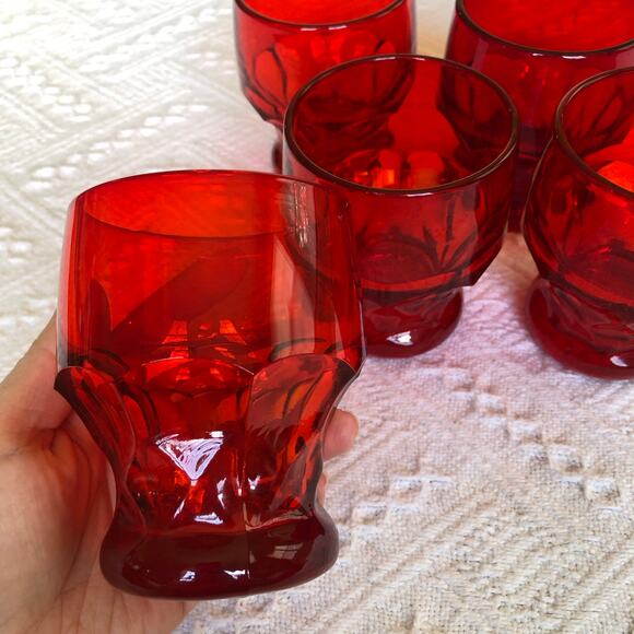 VTG Set 5 Anchor Hocking Ruby Red Georgian Honeycomb Rocks Glasses MCM 60s 70s - Picture 4 of 7